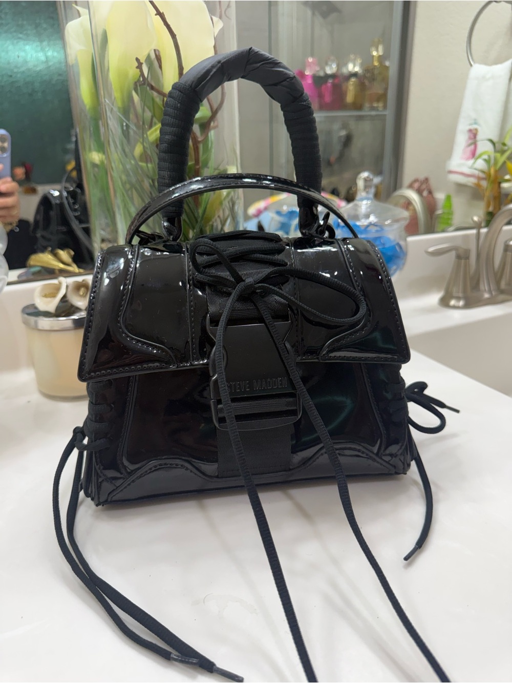 Steve Madden Black Patent Lace-Up Mini Satchel